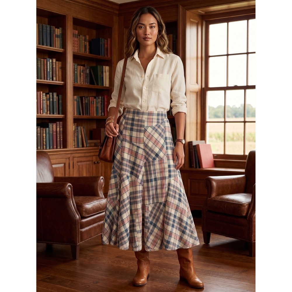Ralph Lauren Jeans Co. Plaid Midi Skirt 14 Boho Cottagecore Patchwork Preppy